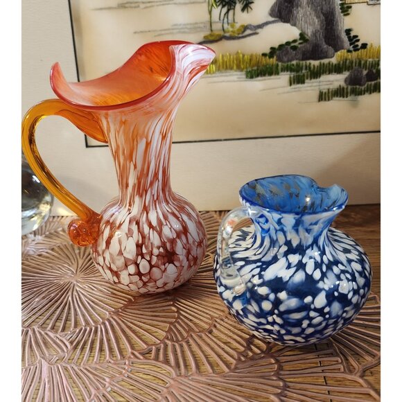 Blown Glass Orange Blue White Speckle Pitcher Vases Rainbow Glass - Picture 10 of 11